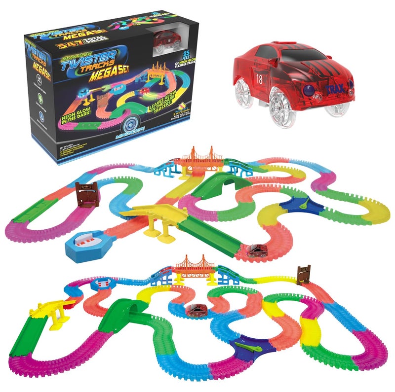 Mindscope Twister Tracks Mega Set Neon Glow in The Dark Flexible Track System with 547 Pieces Over 25 Feet of Track & Accessories - Image 1